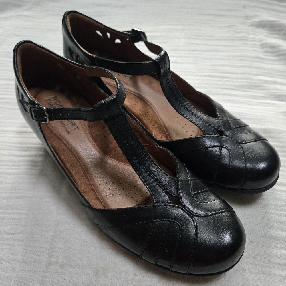 Rockport Angelina Mary Jane Heels Womens 8.5 Black Leather T Strap Comfort Shoes